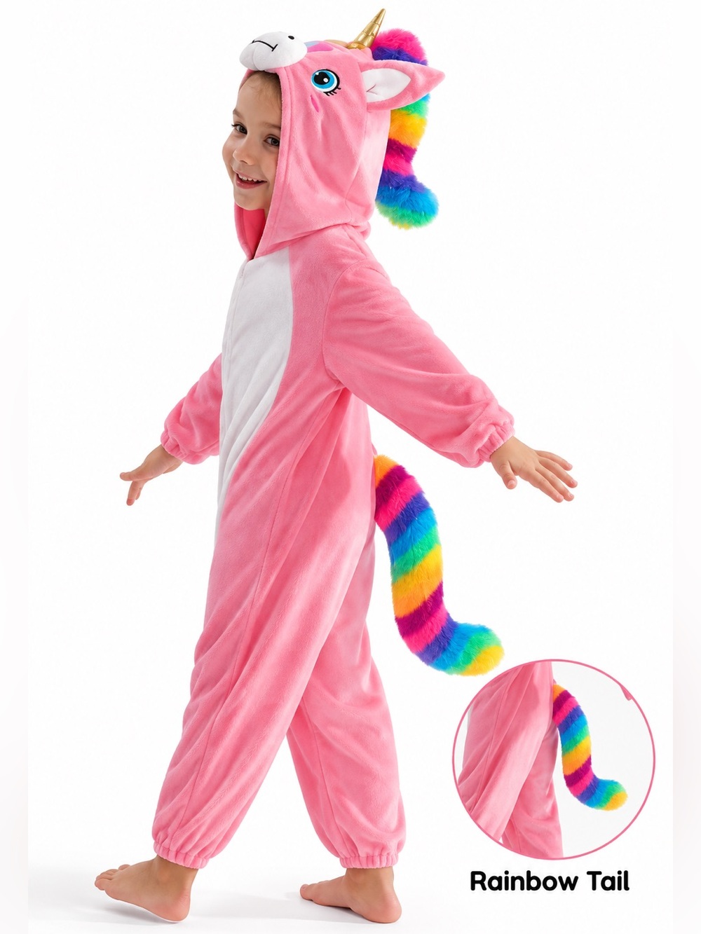 NWT Synpos Pink Unicorn Kids Halloween Costume Onesie with Rainbow Tail